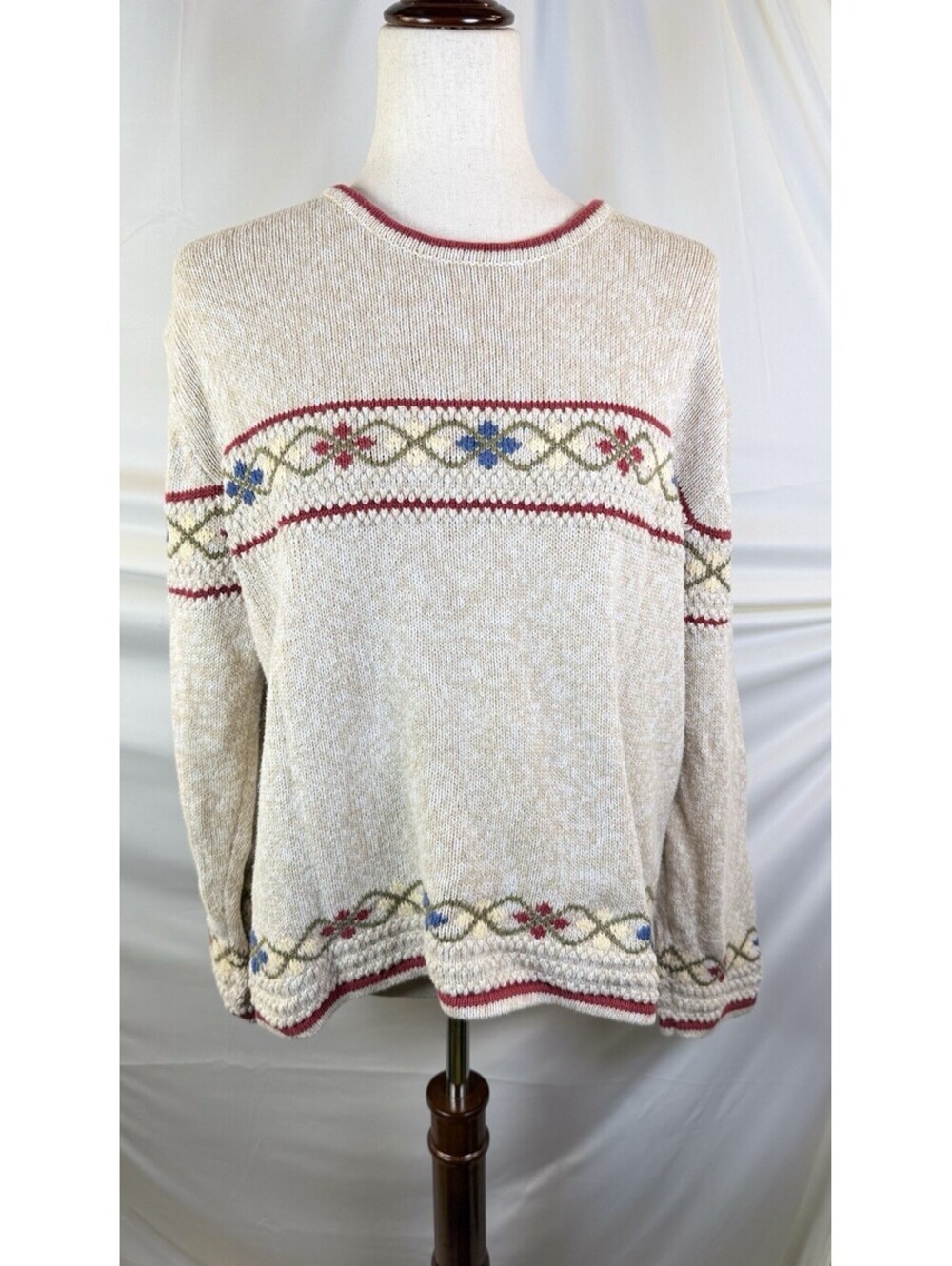 Christopher Banks Beige Hand Embroidered Sweater XL Fair Isle Print Long Sleeve